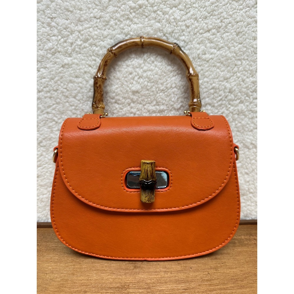 Top Handle Crossbody Purseโ Bag Orange Faux Bamboo Handle Faux Leather Shoulder
